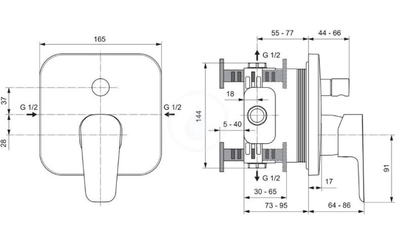 IDEAL STANDARD CERAPLAN III vanová podomítková baterie, s přepínačem, chrom A6115AA Technický nákres