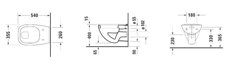 DURAVIT D-CODE závěsné WC, ploché splachování 22100900002 Technický nákres