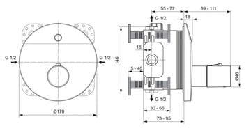 IDEAL STANDARD CERAPLUS sprchová senzorová termostatická baterie, napájení ze sítě, s tělesem, chrom A6155AA Technický nákres