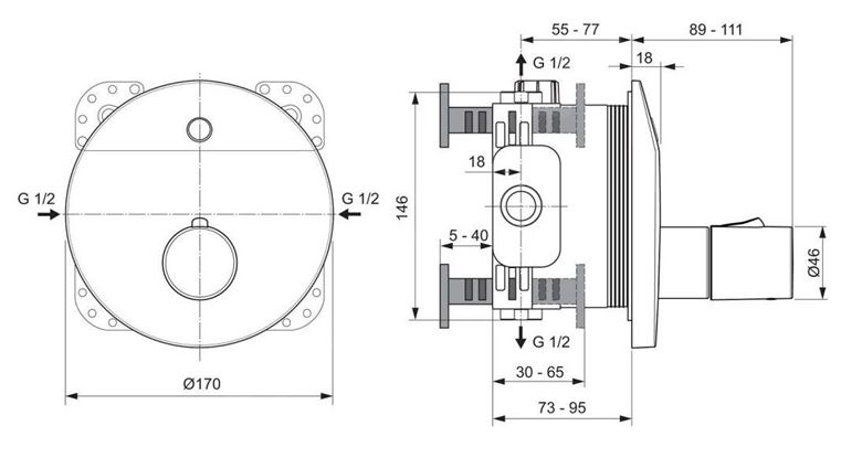 IDEAL STANDARD CERAPLUS sprchová senzorová termostatická baterie, napájení ze sítě, s tělesem, chrom A6155AA Technický nákres