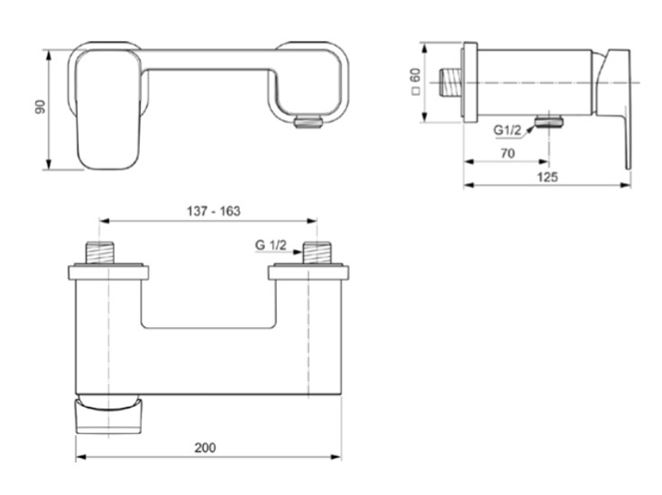 IDEAL STANDARD TONIC II sprchová nástěnná baterie, chrom A6337AA Technický nákres