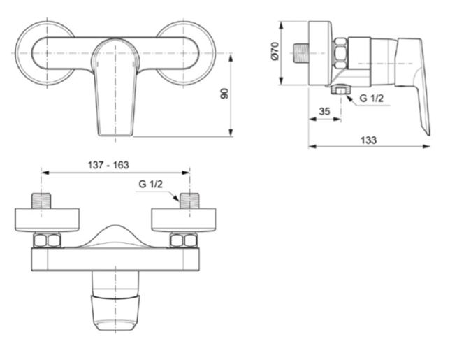 IDEAL STANDARD TESI sprchová nástěnná baterie, chrom A6581AA Technický nákres