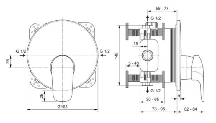 IDEAL STANDARD CERAFLEX sprchová podomíková baterie, chrom A6724AA Technický nákres