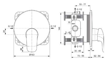 IDEAL STANDARD CERAFLEX sprchová podomíková baterie, chrom A6724AA Technický nákres