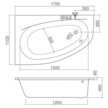 ROTH ISABELLA NEO rohová vana 170x110 cm, bez nožiček, akrylát 9710000 Technický nákres