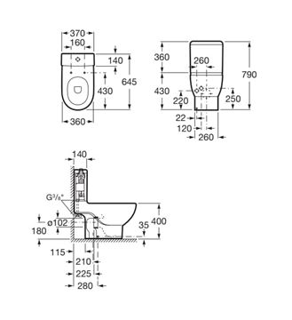 ROCA MERIDIAN WC kombi nádržka, spodní přívod vody, Dual-Flush A341240000 Technický nákres