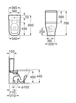ROCA THE GAP WC kombi mísa, spodní odpad A342478000 Technický nákres