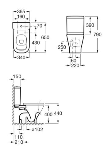 ROCA THE GAP WC kombi mísa, spodní odpad A342478000 Technický nákres