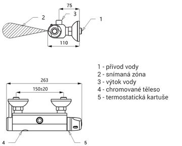 SANELA sprchová nástěnná senzorová termostatická baterie, napájení ze sítě, chrom SLS 03 Technický nákres
