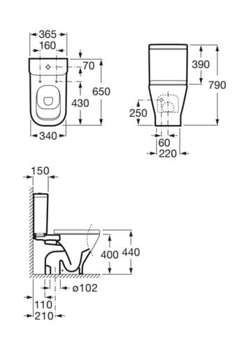 ROCA THE GAP WC kombi nádržka, spodní přívod vody, Dual-Flush A341470000 Technický nákres