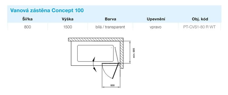 CONCEPT 100 vanová zástěna 80x150 cm, pravá, lítací, bílá/sklo čiré PT-CVS1-80 R WT Technický nákres
