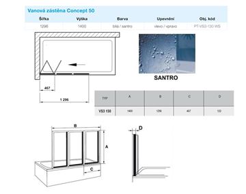 CONCEPT 50 VS3 vanová zástěna 130x140 cm, skládací, bílá/plast santro PT-VS3-130 WS Technický nákres