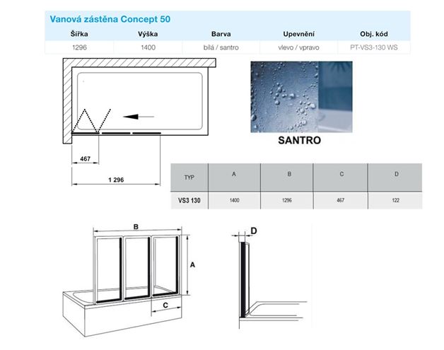 CONCEPT 50 VS3 vanová zástěna 130x140 cm, skládací, bílá/plast santro PT-VS3-130 WS Technický nákres