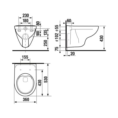 JIKA LYRA PLUS závěsné WC, Rimless splachování H8213840000001 Technický nákres