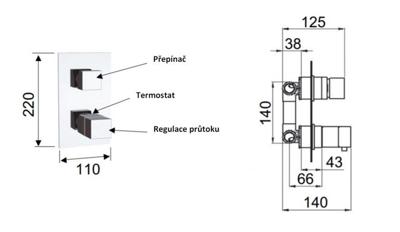 SANJET QUADRO podomítková termostatická baterie, pro 2 spotřebiče, s tělesem, chrom QT92 Technický nákres