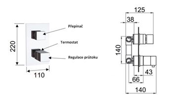 SANJET QUADRO podomítková termostatická baterie, pro 3 spotřebiče, s tělesem, chrom QT93 Technický nákres