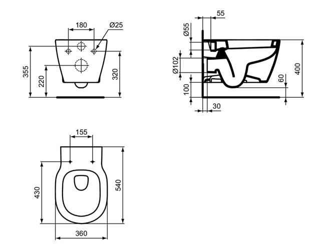 CONCEPT CUBE závěsné WC, alpská bílá E785001 Technický nákres
