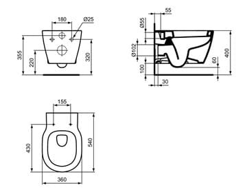 CONCEPT CUBE závěsné WC, alpská bílá E785001 Technický nákres