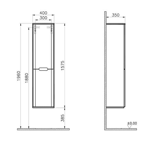 VITRA SENTO vysoká skříňka 40x35x157,5 cm, 2 dvířka, panty vlevo, s košem, white mat 60854 Technický nákres