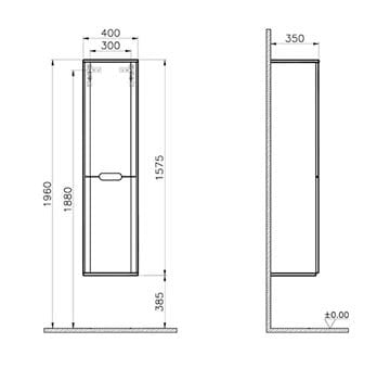 VITRA SENTO vysoká skříňka 40x35x157,5 cm, 2 dvířka, panty vlevo, s košem, white mat 60854 Technický nákres