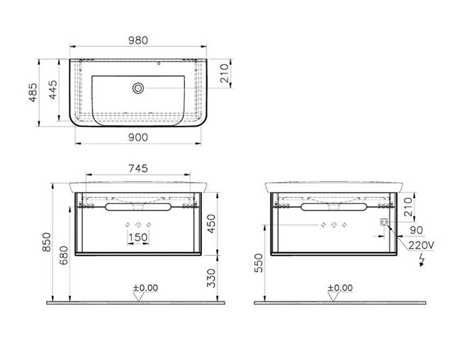 VITRA SENTO skříňka s umyvadlem 98x48,5x52 cm, 1 zásuvka, s osvětlením, antracite mat 60820 Technický nákres