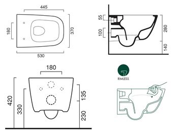 CONCEPT 300 závěsné WC, Rimless splachování, Cataglaze VSRCO300 Technický nákres