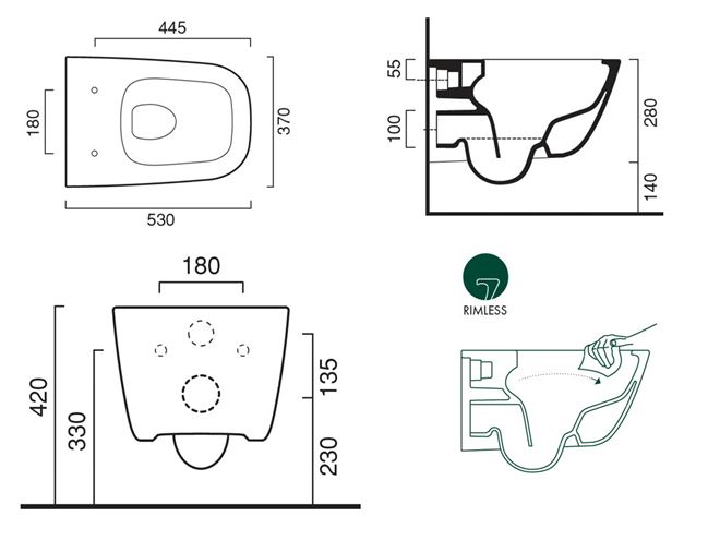 CONCEPT 300 závěsné WC, Rimless splachování, Cataglaze VSRCO300 Technický nákres