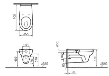 CONCEPT 100 bezbariérové závěsné WC, ploché splachování, alpská bílá 5811B003-0075 Technický nákres