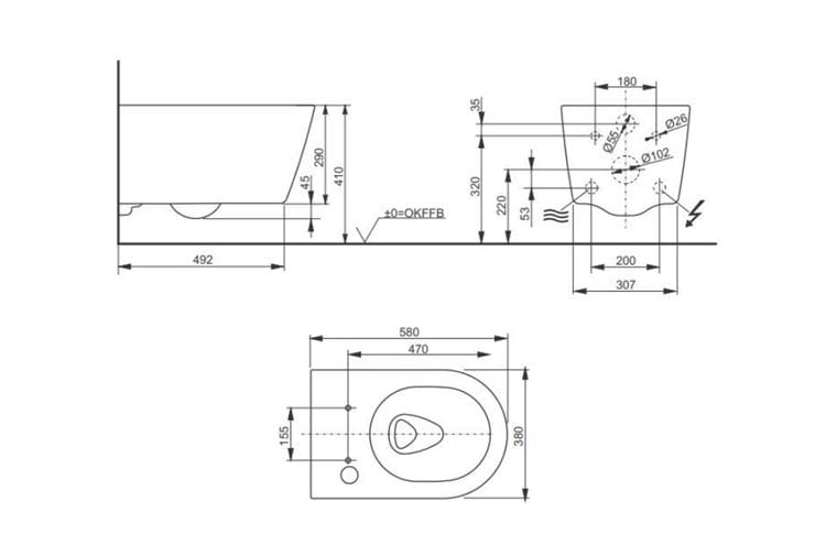 CONCEPT 200, 300 závěsné WC, Rimless splachování 522ERY-CON-WC-S Technický nákres