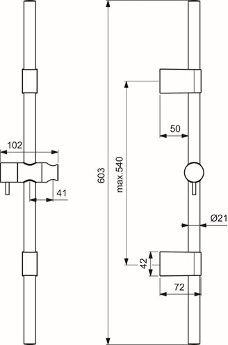 IDEAL STANDARD IDEALRAIN PRO sprchová tyč 603 mm s držákem ruční sprchy, chrom B9848AA Technický nákres