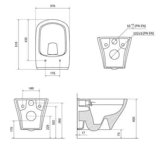 RAVAK CLASSIC závěsné WC, RimOff splachování X01671 Technický nákres
