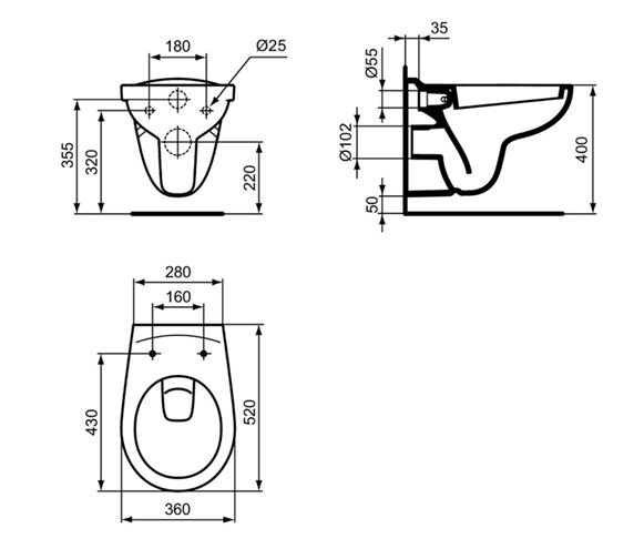 IDEAL STANDARD EUROVIT závěsné WC V390601 Technický nákres