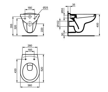 IDEAL STANDARD EUROVIT závěsné WC V390601 Technický nákres