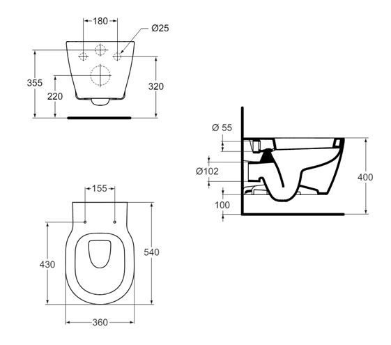 IDEAL STANDARD CONNECT závěsné WC, Ideal Plus E8232MA Technický nákres