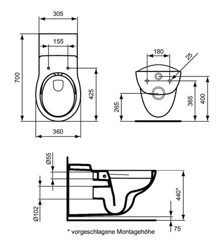 IDEAL STANDARD CONTOUR 21 bezbariérové závěsné WC, Rimless splachování S306901 Technický nákres