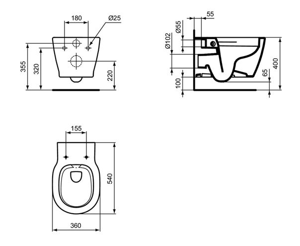 IDEAL STANDARD CONNECT závěsné WC, Rimless splachování E817401 Technický nákres