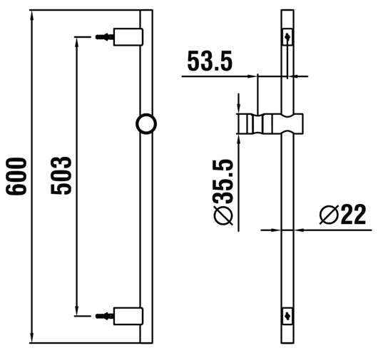 LAUFEN TWINGLISS sprchová tyč 600 mm s držákem ruční sprchy, chrom HF904791100000 Technický nákres