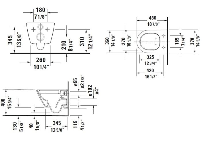 DURAVIT D-NEO závěsné WC, Rimless splachování 2587090000 Technický nákres