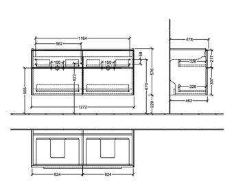 VILLEROY & BOCH VERITY EXCLUSIVE skříňka pod dvojumyvadlo 127,2x47,8x57,6 cm, 4 zásuvky, Stone Oak C25700RK Technický nákres