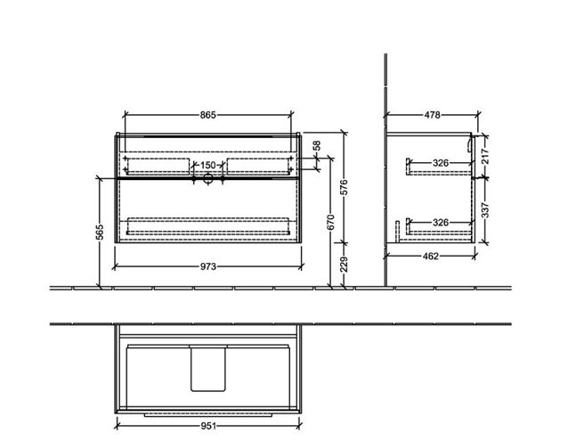 VILLEROY & BOCH VERITY EXCLUSIVE skříňka pod umyvadlo 97,3x47,8x57,6 cm, 2 zásuvky, Kansas Oak C25900RH Technický nákres