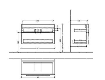 VILLEROY & BOCH VERITY EXCLUSIVE skříňka pod umyvadlo 97,3x47,8x57,6 cm, 2 zásuvky, Stone Oak C25900RK Technický nákres