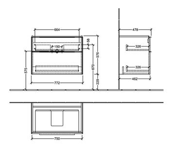 VILLEROY & BOCH VERITY EXCLUSIVE skříňka pod umyvadlo 77,2x47,8x57,6 cm, 2 zásuvky, Brilliant White C26000VE Technický nákres