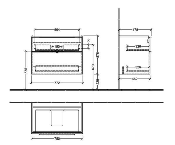 VILLEROY & BOCH VERITY EXCLUSIVE skříňka pod umyvadlo 77,2x47,8x57,6 cm, 2 zásuvky, Graphite C26000VR Technický nákres