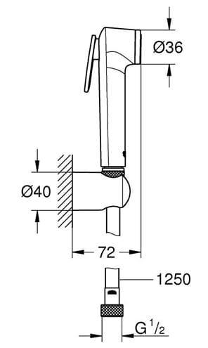 GROHE TEMPESTA-F TRIGGER SPRAY 30 bidetová sprška, s hadicí a držákem, chrom 27513001 Technický nákres