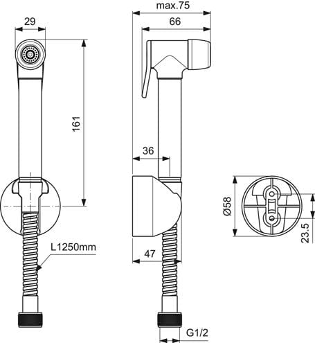 IDEAL STANDARD IDEALSPRAY bidetová sprška, s hadicí a držákem, chrom B0011AA Technický nákres