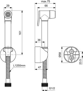 IDEAL STANDARD IDEALSPRAY bidetová sprška, s hadicí a držákem, chrom B0011AA Technický nákres