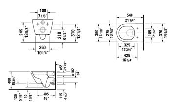 DURAVIT D-NEO závěsné WC, se SoftClose sedátkem, Rimless splachování 45780900A1 Technický nákres