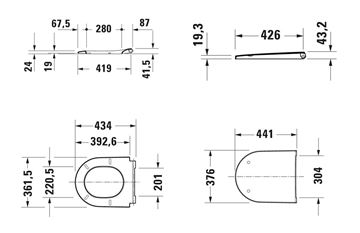 DURAVIT D-NEO závěsné WC, se SoftClose sedátkem, Rimless splachování 45780900A1 Technický nákres