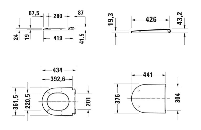 DURAVIT D-NEO závěsné WC, se SoftClose sedátkem, Rimless splachování 45780900A1 Technický nákres