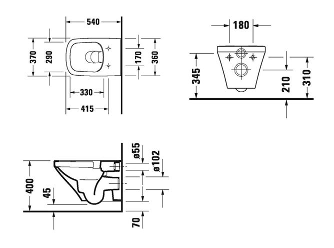 DURAVIT DURASTYLE závěsné WC, Rimless splachování 2551090000 Technický nákres